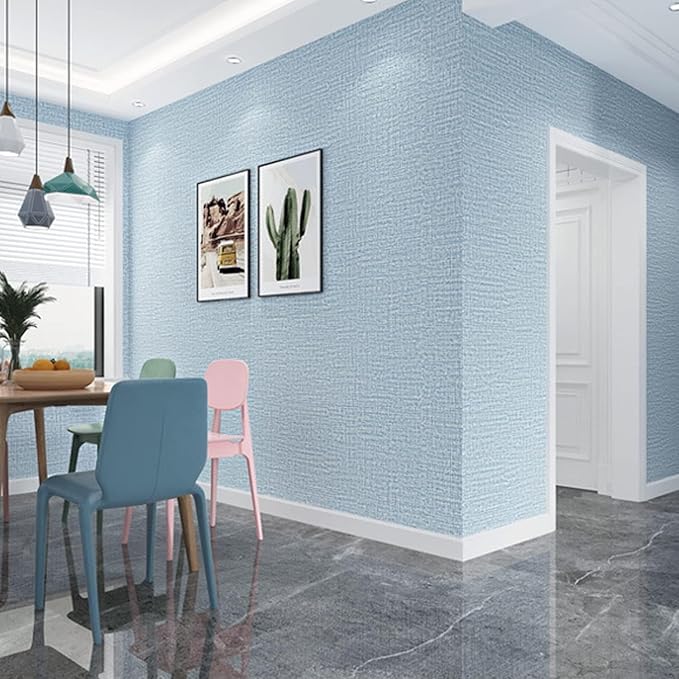 Yancorp Textured Fabric Grasscloth Peel and Stick Wallpaper Blue Contact Paper - 15.7"x120" Faux Grasscloth Peel & Stick - Light Blue