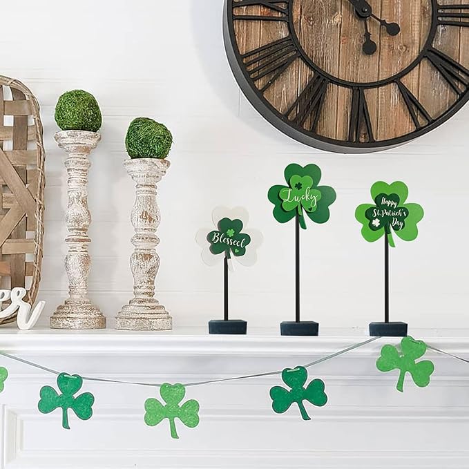 Happy St. Patrick's Day Blessed Lucky Irish Wood Sign Decor Farmhouse Home Office Coffee Bar Kitchen Table Decor 3 Pieces Green