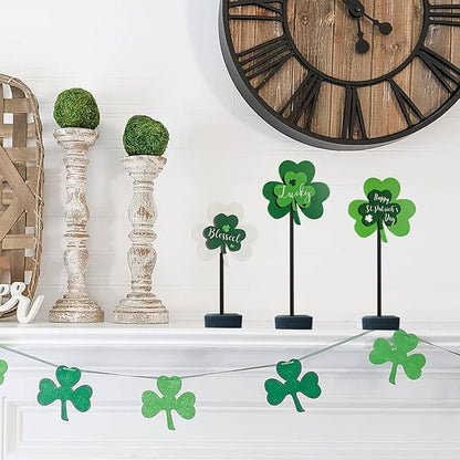 Happy St. Patrick's Day Blessed Lucky Irish Wood Sign Decor Farmhouse Home Office Coffee Bar Kitchen Table Decor 3 Pieces Green
