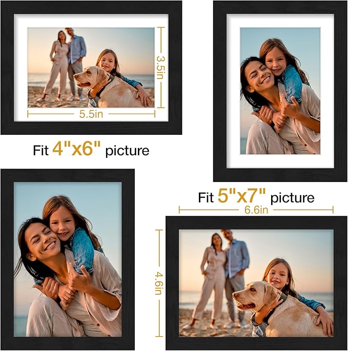 Vittanly 5x7 Picture Frame Set of 4, Display Pictures 4x6 with Mat or 5x7 without Mat, Engineered Wood with Shatter Resistant Plexiglass, Small Photo Frames for Wall or Tabletop Display, Black