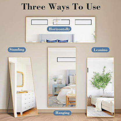 DUMOS Full Length Mirror with Stand, 58"x19" Floor Mirror with Aluminum Alloy Frame for Bedroom, Standing Full Body Mirror with Shatter-proorf Nano Glass for Wall, Living Room, Cloakroom, Gold