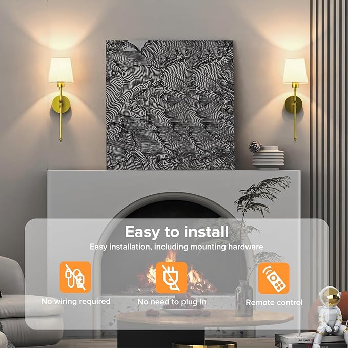 Stylish Battery Operated Wall Sconce, Set of 2 Wireless Wall Lights for Bedroom and Living Room, Remote-Controlled Wall Lamps with 12 Color Modes for Cozy Ambiance (Golden)