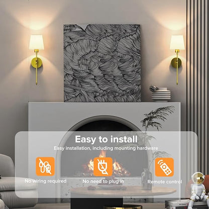 Stylish Battery Operated Wall Sconce, Set of 2 Wireless Wall Lights for Bedroom and Living Room, Remote-Controlled Wall Lamps with 12 Color Modes for Cozy Ambiance (Golden)