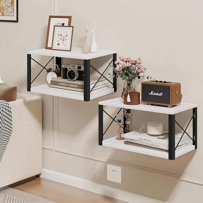 Homode Floating Night Stand, Modern Bedside Shelf Wall Mount, Wood Hanging Nightstand with Wire Hole, Floating Side Table for Bedroom Bathroom Living Room Small Places, White