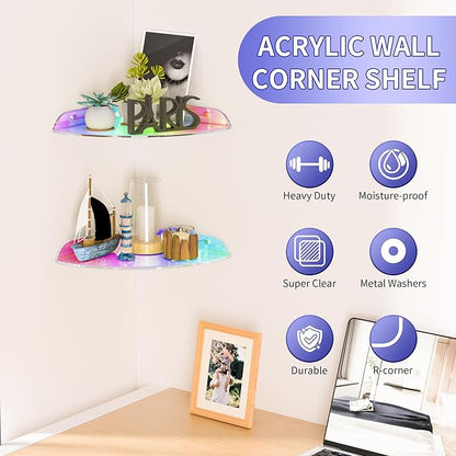 9.5x9.5 Inch Acrylic Corner Floating Shelf Set of 2, Iridescent Corner Wall Shelf for Home Décor, Speakers, Security Cameras, Toileries, Plants, Figures, Cosmetics, Books