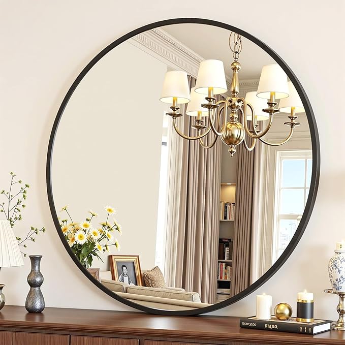 Antok 20 Inch Round Mirror for Wall, Round Bathroom Mirror, Circle Wall Mirrors with Black Metal Frame, Circle Mirrors Suitable for Wall, Bathroom, Vanity, Living Room, Entryway