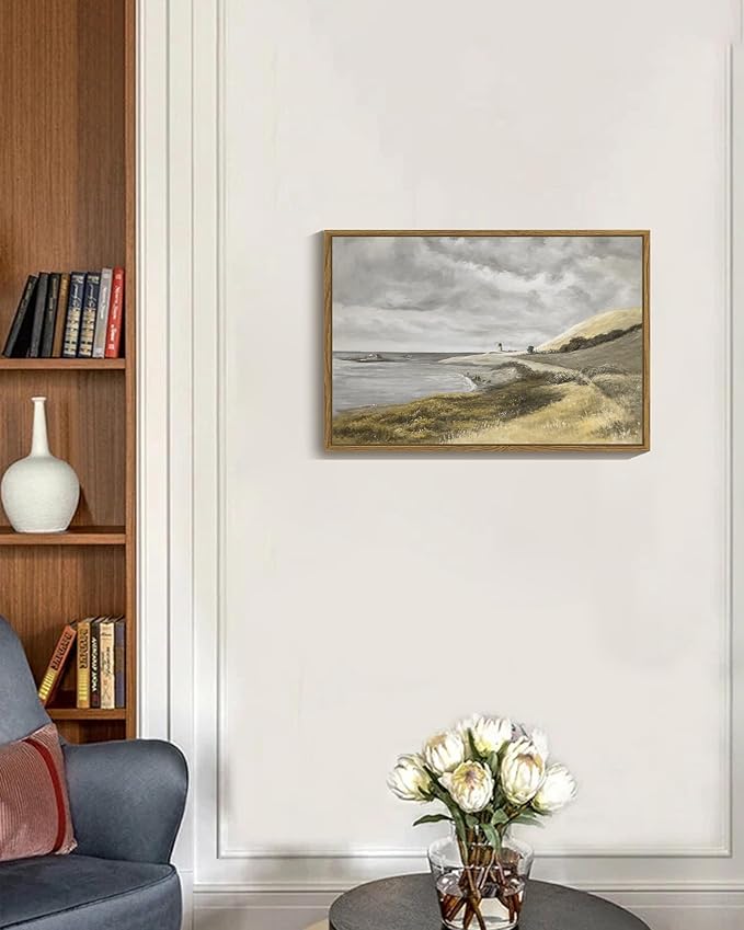 SHENIFY 16x24in Large Coastal Framed Canvas Wall Art Vintage Landscape Seascape Classic Hallway Bedroom Bathroom Living Room Decor - Natural Framed