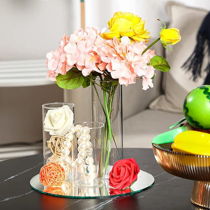 Sawysine 8 Pcs 2.6'' X 4.7'', 5.9'', 7.9'' Round Glass Mirror Trays Glass Cylinder Vase Wedding Table Flower Vase with Mirror Set Table Centerpiece Decoration for Wedding Decor Craft Baby Shower