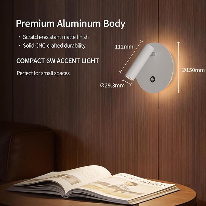 Aisilan Modern Wall Sconce with Touch Switch, Dimmable 6W Adjustable Wall Lamp, Dual-Mode Hardwired Bedside Light, White Wall Mounted Lighting for Bedroom, Living Room & Hallway