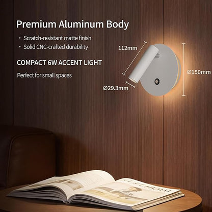 Aisilan Modern Wall Sconce with Touch Switch, Dimmable 6W Adjustable Wall Lamp, Dual-Mode Hardwired Bedside Light, White Wall Mounted Lighting for Bedroom, Living Room & Hallway