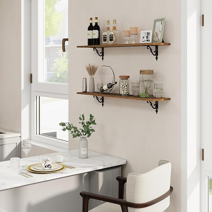 RICHFOCUS Floating Shelves for Wall Decor, 39.4W x 8D Shelves Set of 2, 8 Inch Deep Rustic Wood Shelves Wall Mounted with Brackets, Long Floating Shelves for Living Room Bedroom Kitchen, Rustic Brown