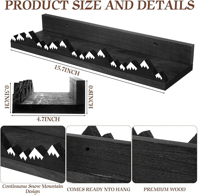Wenqik 3 Pcs Snow Mountain Floating Shelves Wood Nursery Book Shelves Wall Mounted Rustic Floating Ledge for Kids Room(Dark Grey)