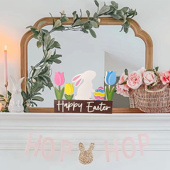 Wooden Bunny Easter Table Decorations Happy Easter Tulips Tiered Tray Decor Rustic Farmhouse Centerpiece Decor Decorative Mantle Tabletop Accent Home Office Wood Sign 6 Pcs Pink Yellow Blue White