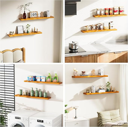 Floating Shelves for Wall Rustic Farmhouse 36 Inch Floating Shelf Bathroom Wooden Shelves for Wall Mounted Live Edge Pine Shelf with Unique Natural Grain for Bedroom Kitchen (Honey Walnut)