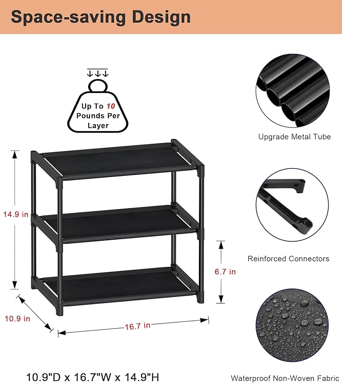 3 Tiers Small Shoe Rack,Narrow Stackable Shoe Shelf Organizer,Sturdy Shoe Stand, Non-Woven Fabric Metal Shoe Racks for Entryway, Doorway and Bedroom Closet