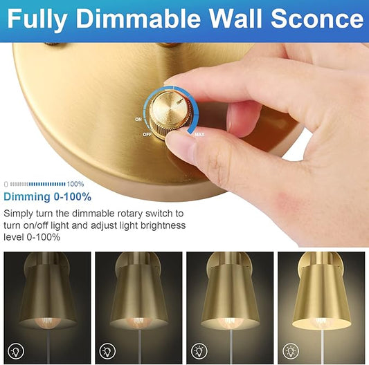 Dimmable Wall Sconce, Plug in Wall Sconce Adjustable Angle Wall Lights with Plug in Cord and Dimmer On/Off knob Switch, Gold Wall Mounted Light for Bedside Bedroom Doorway(1 Pack, 1 Bulb)