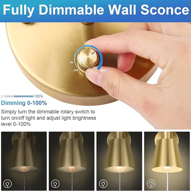 Plug in Wall Sconces, Dimmable Wall Sconces Adjustable Angle Wall Lights with Plug in Cord and Dimmer On/Off Knob Switch, Gold Wall Mounted Light for Bedroom Bedside Stairway(2 Pack, 2 Bulbs)