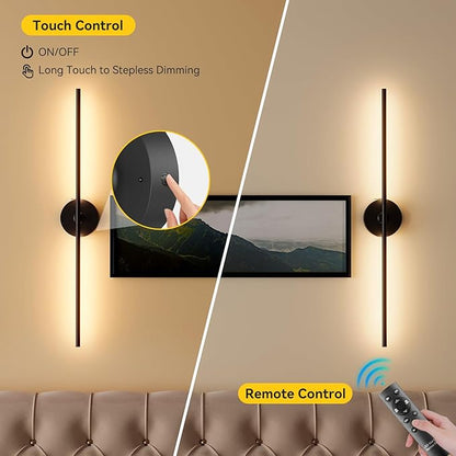 Ouyulong Battery Operated Wall Sconces Set of 2, 8000mAh Wireless Rechargeable 3000-6000K Dimmable 350° Rotate Wall Light with Remote for Living Room, Bedroom 31.6in Black