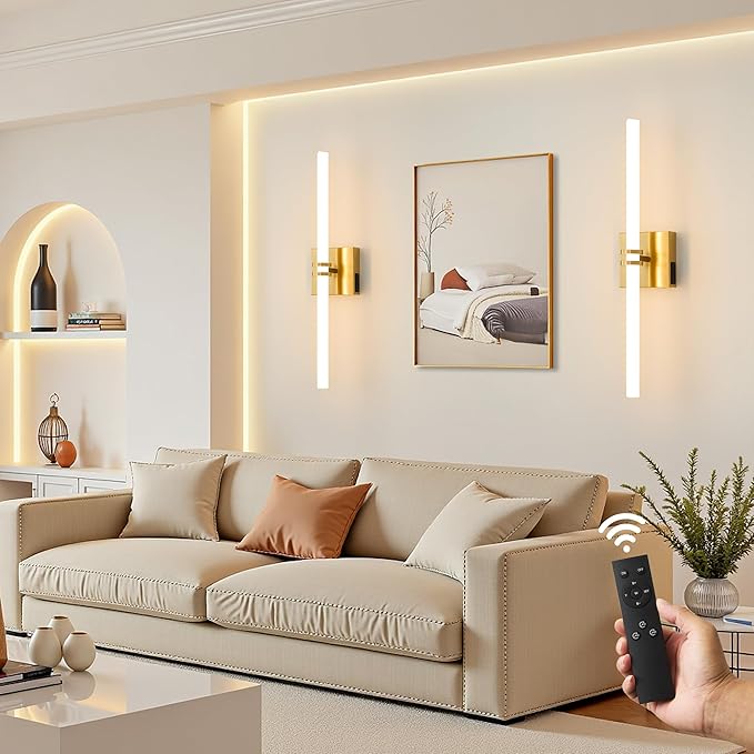 Battery Operated Wall Sconce 1Pack, Gold Rechargeable Wall Lights with Dimmable Remote Control, 22 Inch 3000K-6000K LED Wireless Wall Lamps for Bedroom, Hallway, Background Wall