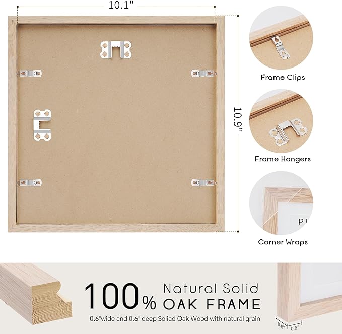 puthiac 10x10 Solid Oak Wood Picture Frame, Fits 6x6 with Mat or 10x10 Without Mat, Wall Display Only, Plexi Front, 1 Pack, Natural Oak