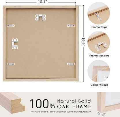 puthiac 10x10 Solid Oak Wood Picture Frame, Fits 6x6 with Mat or 10x10 Without Mat, Wall Display Only, Plexi Front, 3 Pack, Natural Oak