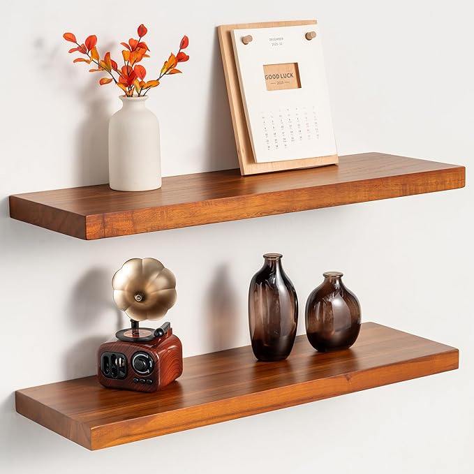 Teak Floating Shelves Set of 2-24 Inch Natural Waterproof Wood Wall Shelves with Invisible Brackets for Bathroom, Kitchen, Balcony - Solid Teak Wood Shelving, Water-Resistant Wall Decor