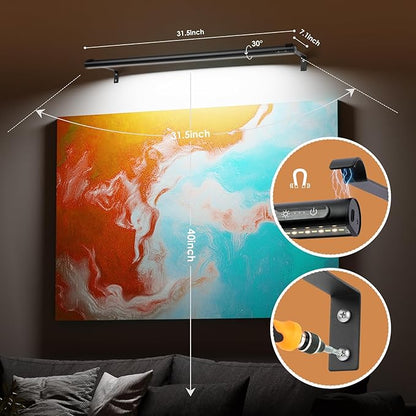 Battery Operated Wireless Picture Light，Rechargeable/Plugged in 31.5inch Painting Display Light,Remote Control Wall Lights with Three Modes and Timing for Art Frame (Black)
