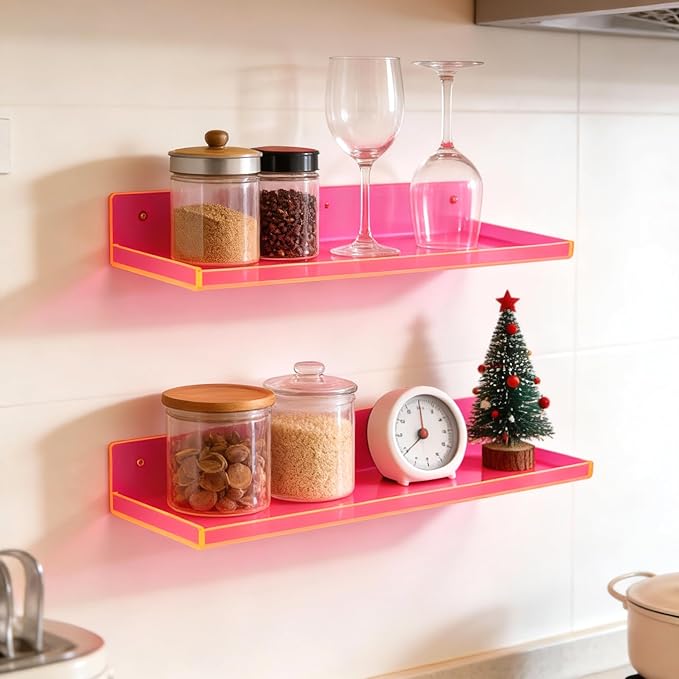 Floating Shelves for Wall Acrylic Wall Shelves for Bedroom Bathroom Living Room Kitchen 16.5X5.5'', Pack of 2, Neon Pink