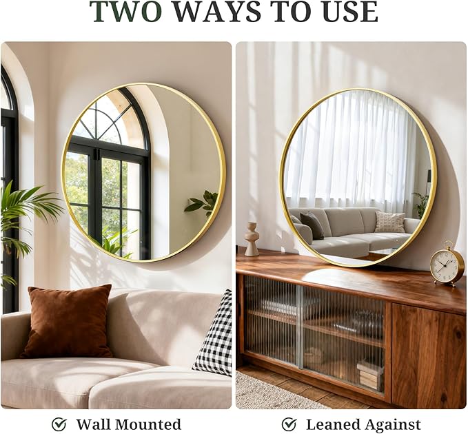 Round Wall Mirror 24 Inch Gold Vanity Mirror with Metal Frame, Modern Circle for Bathroom, Entryway, Bedroom, Living Room, Wall Mounted Decorative Mirrors
