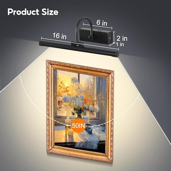 16"Rechargeable Picture Light for Wall Black Cordless Art Lights Battery Operated Dimmable Wall Light with Remote & Timer 3 Color Modes for Paintings Wall Light for Gallery Artwork Warm White