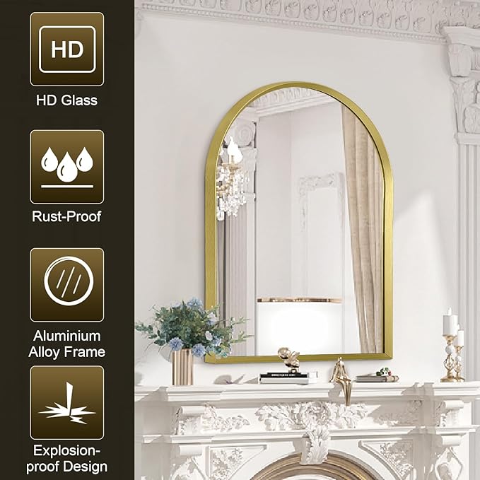 Arched Mirrors for Wall, Brushed Metal Frame Mirror, Arch Bathroom Vanity Mirror for Living Room Bedroom Mantel Hallways Home Decor Aluminum Alloy Frame 26
