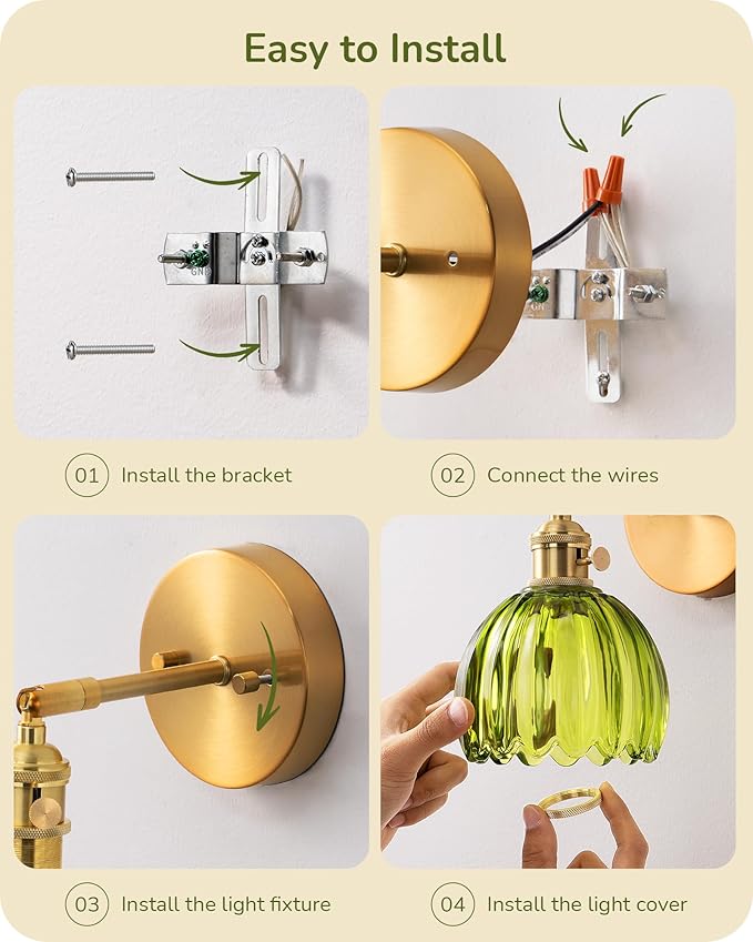 EDISHINE Hardwired Wall Sconces Set of Two, Vintage Wall Lighting Fixture with Green Tulip Glass Lampshade 180 Degree Adjustable, Brass Gold Wall Lamp for Bedroom Living Room Hallway Bathroom