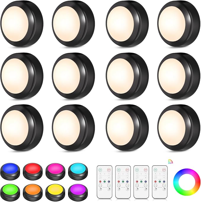 LED Puck Lights with Remote Control, 16 Color Changing Wireless Under Cabinet Lighting with Dimmer & Timer, AAA Battery Operated,Under for Closet Bedroom Kitchen, Stair (12 Pack Black)
