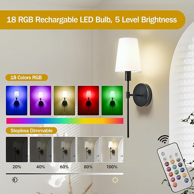 Battery Operated Wall Sconce Set of 2, Rechargeable Wall Lights with 2 * 52000mAh Magnetic Battery Bulbs, 18 RGB Colors, Dimmable Wireless Sconces for Bedroom Living Room Hallway