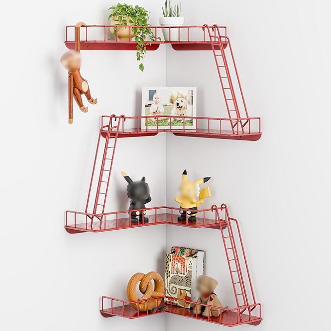 Fire Escape Wall Shelf - Modern City Style 4-Tier Corner Wall Shelves, Easy to Install Metal Ladder Shelf for Figures, New York Decorative Shelves for Bathroom, Living Room & Home Decor, Red