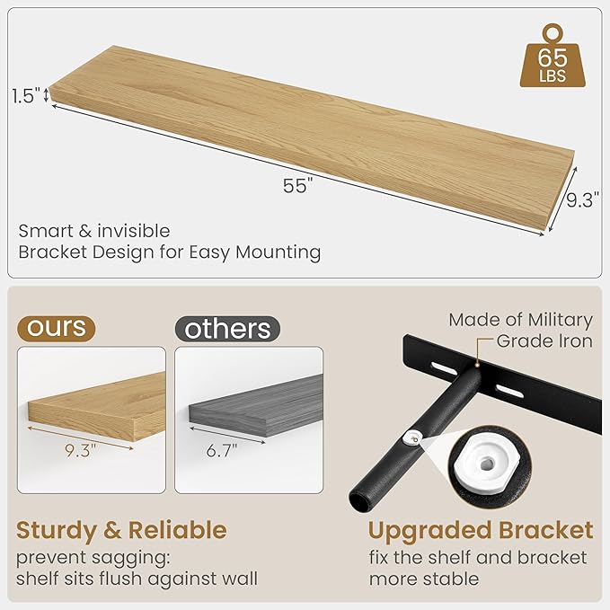 Fun Memories 55 Inch Long Floating Shelves for Wall, 55x9.3 Large Floating Shelf for Bedroom, Kitchen, Bathroom, Wall Mounted Rustic Wood Shelves with Invisible Bracket for Books, Decor, Oak