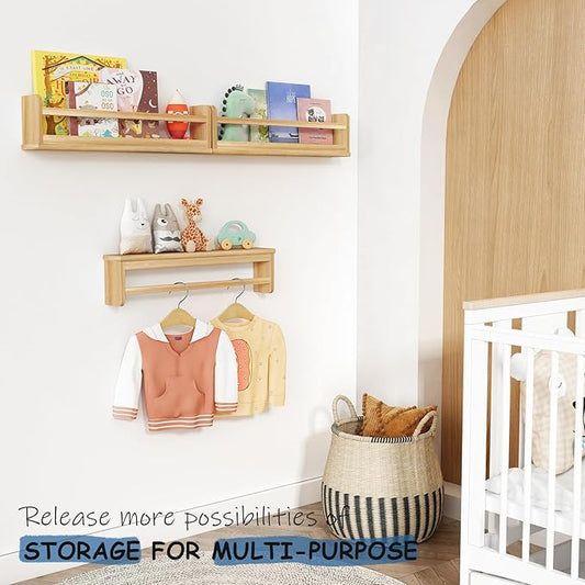 Natural Wood Wall Bookshelf for Kids Bedroom Set of 3, 24 Inch Wooden Floating Nursery Book Shelves for Baby Boy Girl Room, Wall Mounted Toddler Book Shelf for Toy Organizers and Storage