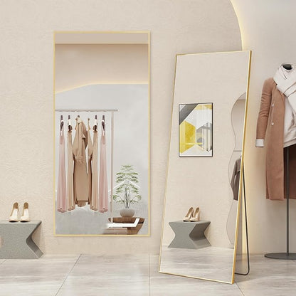 DUMOS Full Length Mirror with Stand 70.4"x25.6" Floor Standing Aluminum Frame for Bedroom Body Hanging Leaning Modern Simple Home Decor Shatter-proorf Nano Glass Wall Living Room Cloakroom Gold