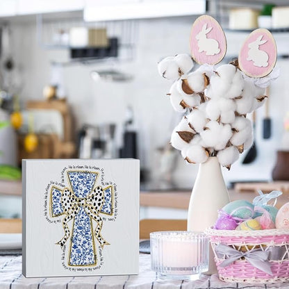 He Is Risen Sign Easter Religious Decorations Christian Easter Decor Blue And White Chinoiserie Decor Wooden Box Sign for Home Office Bedroom Living Room Desk Shelves