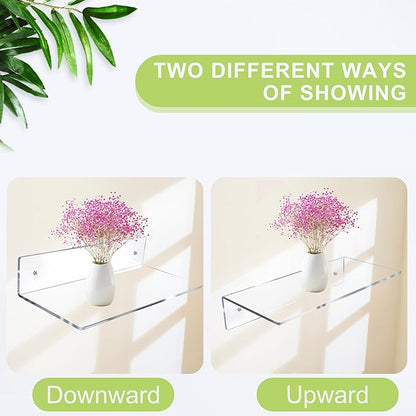 12 Inch L-Shaped Acrylic Floating Shelf Clear Wall Mounted Shelves Invisible 5MM Thick Shelf for Wall Storage Clear Shelves for Makeup Photo Picture Book Record Display 3 Pack
