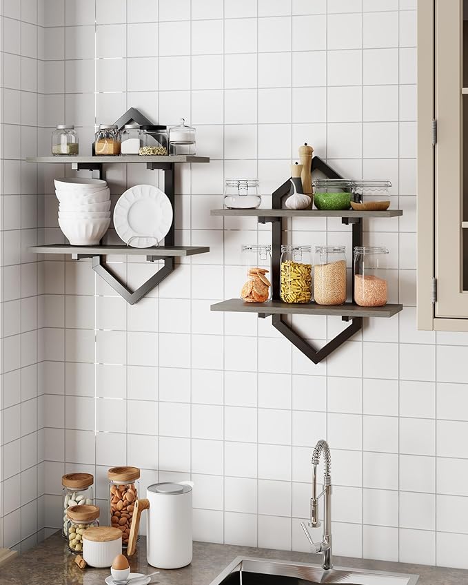 Floating Shelves, Set of 2 Wall Shelf, Wall Mounted Decorative Shelves, 2-Tier Modern Geometric Hanging Storage Shelf for Living Room, Bedroom, Kitchen, Office, Study (Greige + Black)