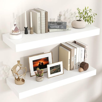 Floating Shelves for Wall, 36" W x 12" D x 2" H, 2 Pack of Long Wall Mounted Engineered Wood Shelves with Invisible Brackets for Living Room, Bedroom, Bathroom, Kitchen Decor, White