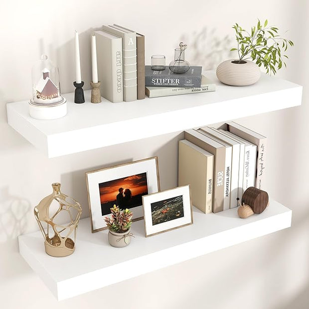 Floating Shelves for Wall, 36" W x 12" D x 2" H, 2 Pack of Long Wall Mounted Engineered Wood Shelves with Invisible Brackets for Living Room, Bedroom, Bathroom, Kitchen Decor, White