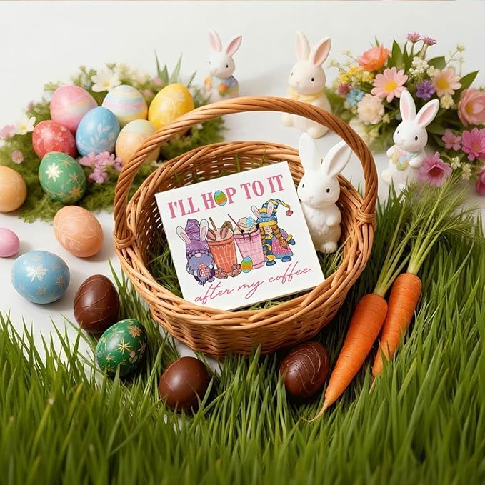 Easter Decorations I'll Hop To It After My Coffee Wooden Box Sign, Funny Bunny Spring Coffee Bar Decor, Farmhouse Easter Desk Shelf Tiered Tray Decor for Home Office 5x5 Inch