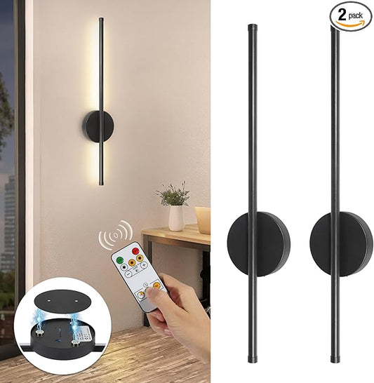 Battery Operated Wall Sconces Set of Two, Wireless Rechargeable Wall Sconces Black with Remote Control Dimmable, Cordless Wall Light Decor for Living Room, Bathroom, Hallway, Timing, 24 Inch
