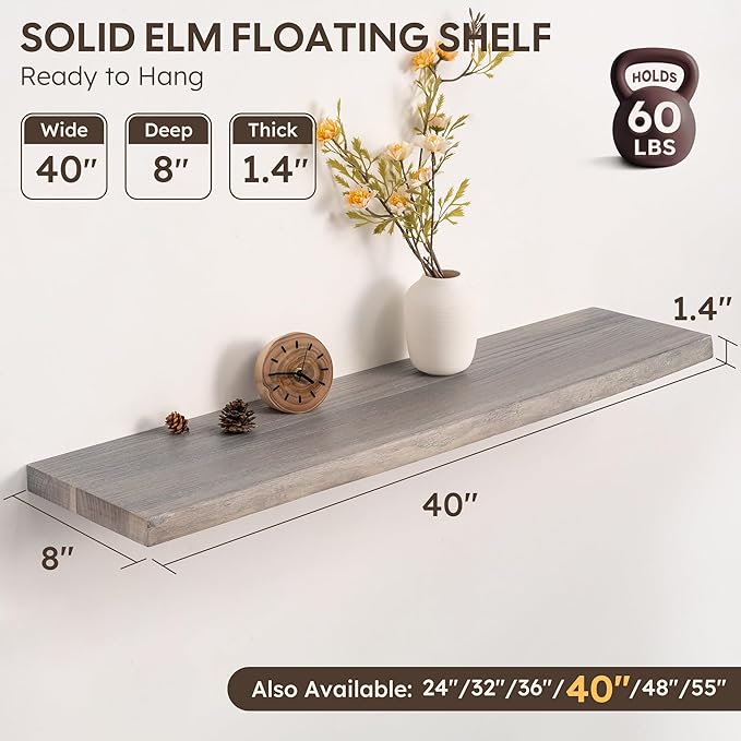 Live Edge Floating Shelf, 40 Inch Solid Elm Wood - Weathered Gray Rustic Wood Wall Shelf with Invisible Brackets for Living Room, Kitchen, Bathroom