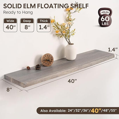 Live Edge Floating Shelf, 40 Inch Solid Elm Wood - Weathered Gray Rustic Wood Wall Shelf with Invisible Brackets for Living Room, Kitchen, Bathroom
