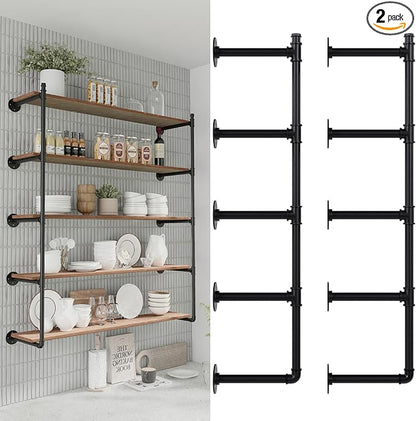 Industrial Pipe Shelf Brackets Wall Mount,Open Black Pipe Shelving for Kitchen,Floating Shelf Brackets Mount,Open Bookshelf Brackets for Shelves,Wall Shelves 12 Inch Deep(2PcsX5Tier,61" Tall)