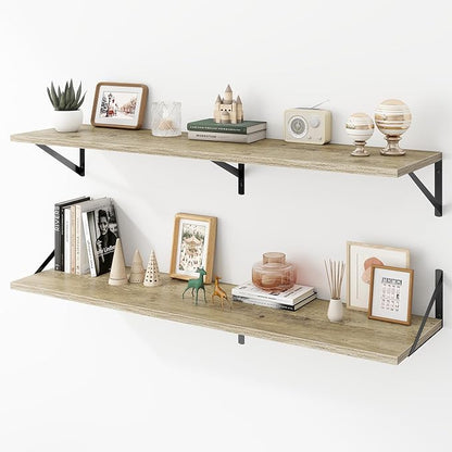 Deep Floating Shelves Wall Mounted, 48"x12" Gray Wall Shelves with Brackets Set of 2 for Bedroom, Living Room, Bathroom, Kitchen, Office - Storage & Display Shelf for Decor, Books, Plants