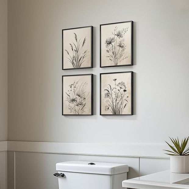 Framed Vintage Botanical Wall Art, 4 Piece Boho Rustic Floral Canvas Painting Prints for Modern Farmhouse, Black and White Neutral Flower Pictures for Bathroom Bedroom Hallway Kitchen Home Decor, 8x10